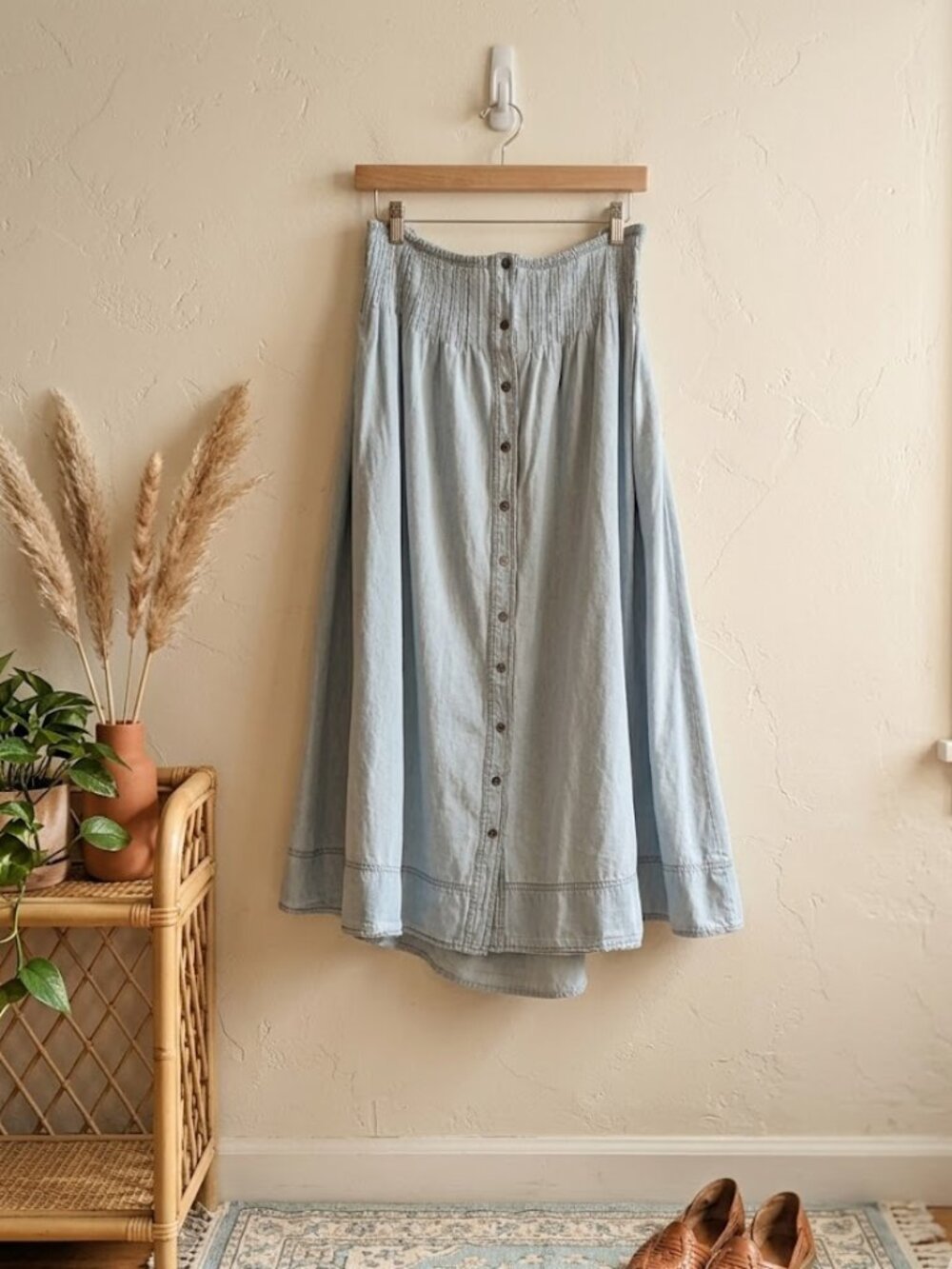 Anthropologie Pilcro Chambray Button Front Smocked Midi Skirt Light Denim